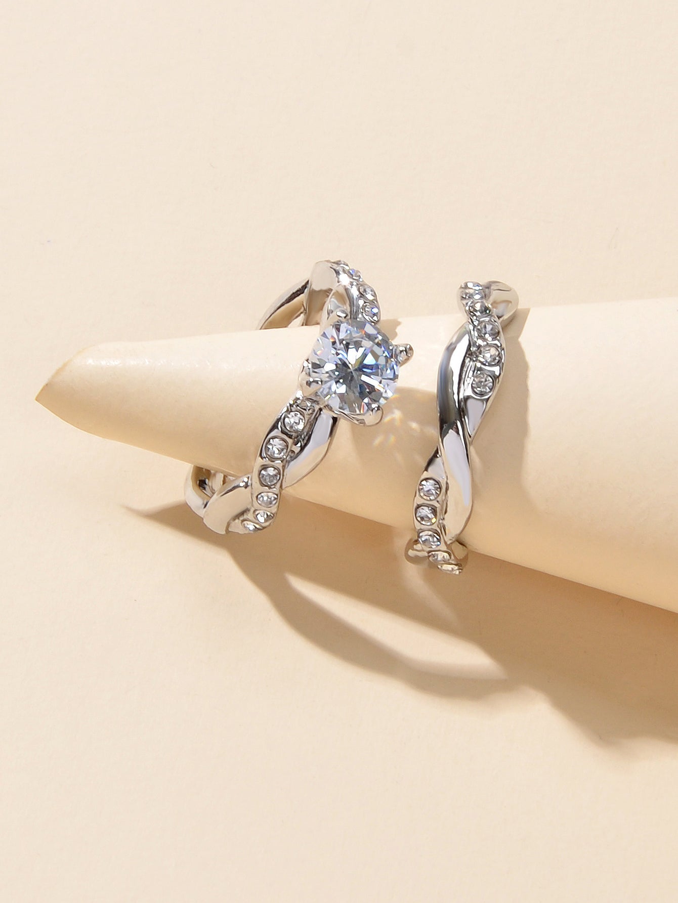 Simulated Diamond Silver Wedding Band Set (2pcs)