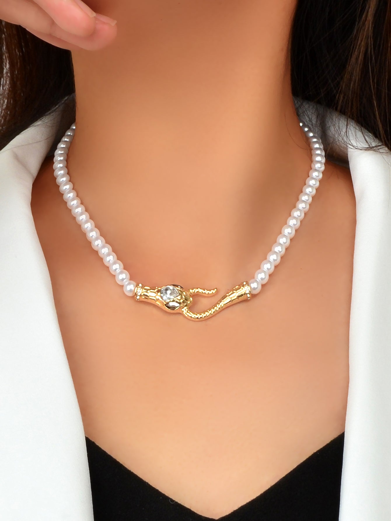 Punk Retro Pearl Beads Chain Gold Silver Snake Short Clavicle Statement Necklace-4