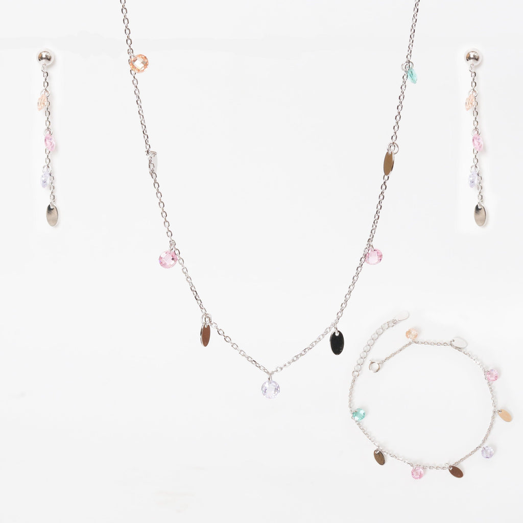 Silver-tone necklace with small heart charms and matching bracelet plus dangling earrings.