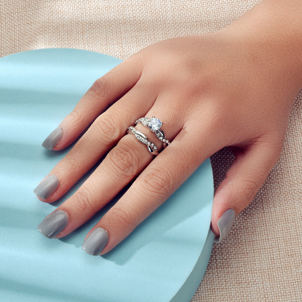 2pcs Luxury Women Band Simulated Diamond Silver Finger Wedding Engagement Ring-1
