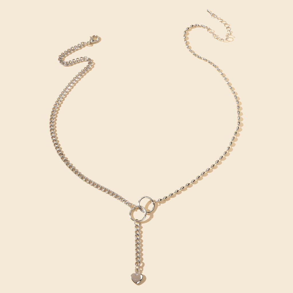 Trendy Accessories Silver Chain Circle Heart Pendant Y shape Clavicle Necklace-2