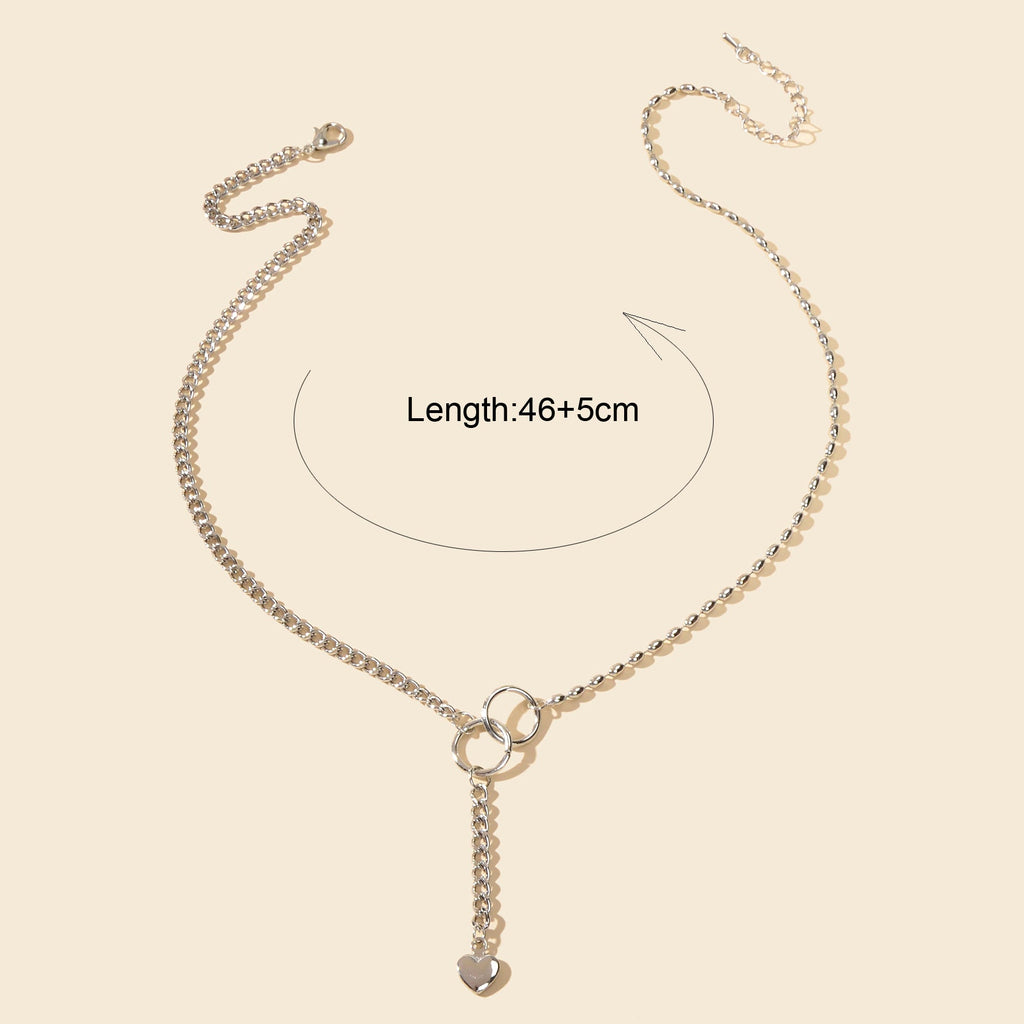 Trendy Accessories Silver Chain Circle Heart Pendant Y shape Clavicle Necklace-3