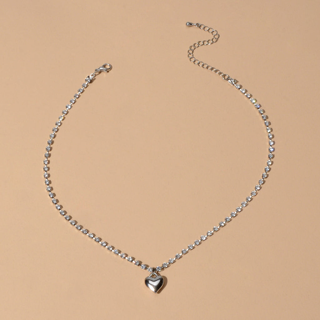 Luxurious Jewellery Full Rhinestone Decor Shining Silver Chain Heart Necklace-2