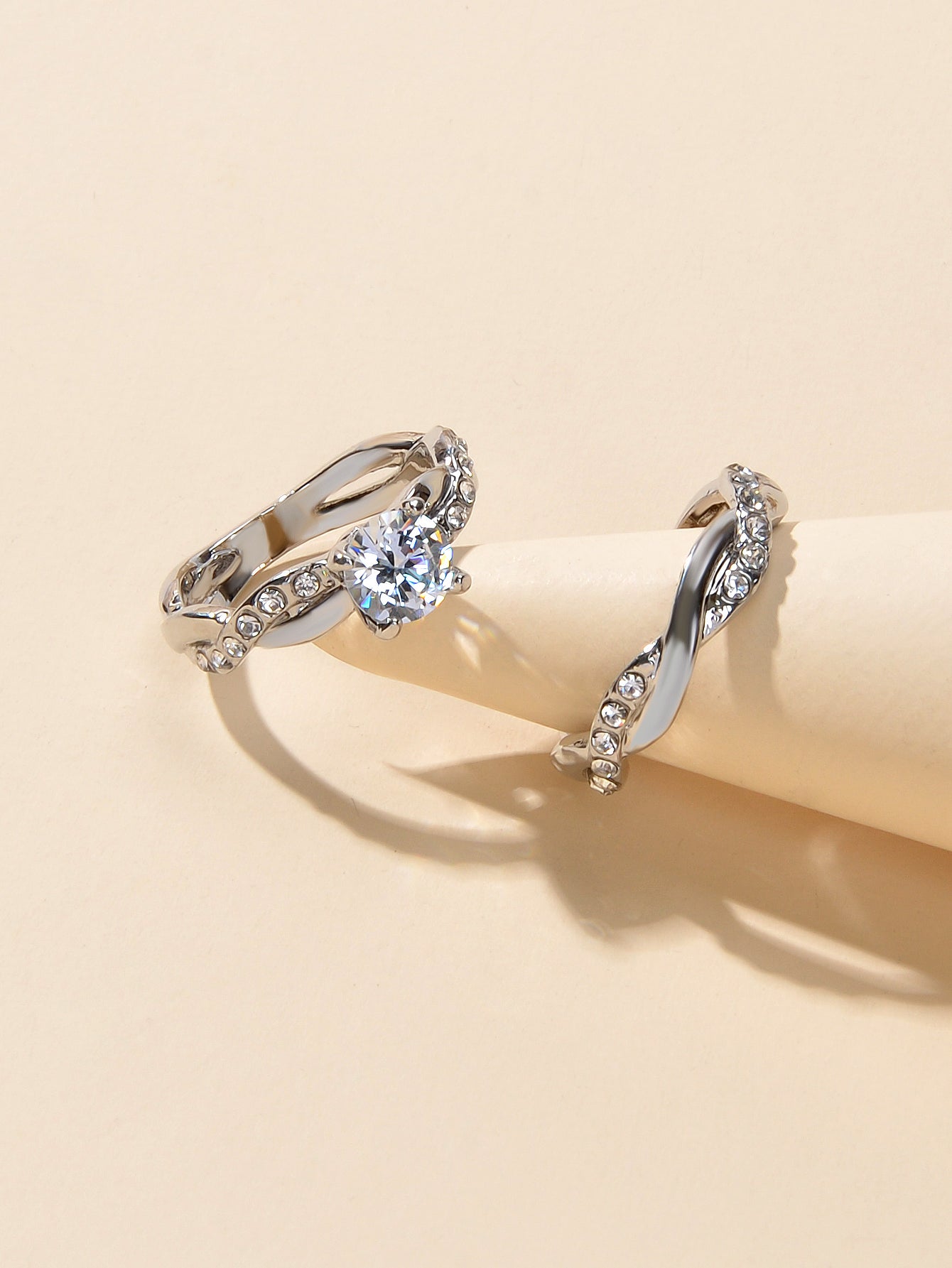 Simulated Diamond Silver Wedding Band Set (2pcs)