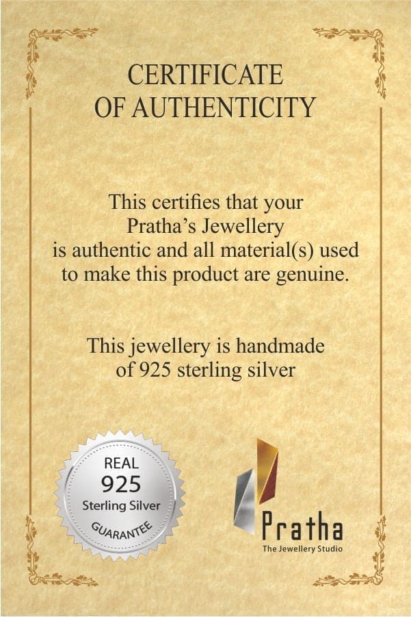 Authenticity certificate for handmade 925 sterling silver jewelry set.