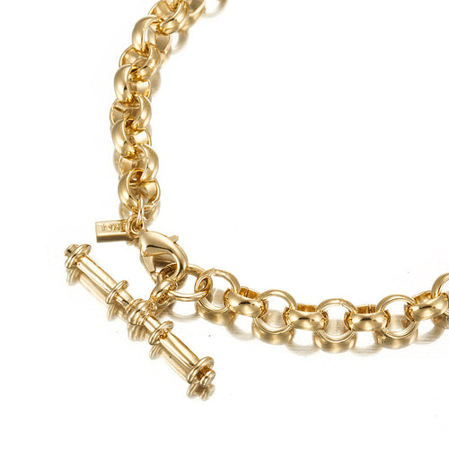 Gold-plated belcher chain bracelet with T-bar clasp and circular links