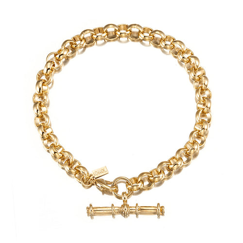 Gold-plated belcher chain bracelet with T-bar closure, shown flat with small tag