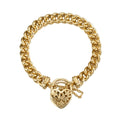 Gold euro chain bracelet with filigree heart locket charm and clasp ring