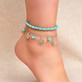 Turquoise bead double-layer boho anklet with silver chains and dangling charms