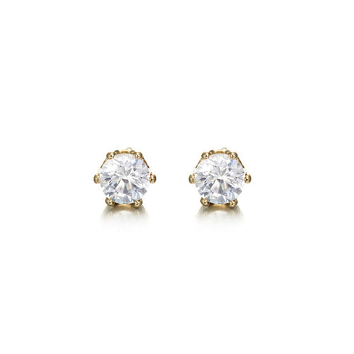 Yellow gold-plated simulated diamond stud earrings, round stones in raised prongs