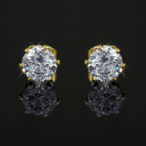 Gold-plated stud earrings with round clear crystal center stones, 6mm