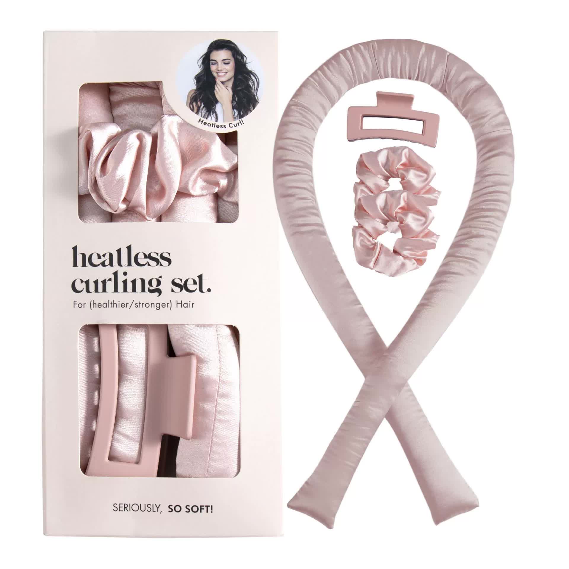 NNEDSZ 5PCS Pink Heatless Hair Curling Set with Scrunchie and Hair Clip - Silk Curling Ribbon-0