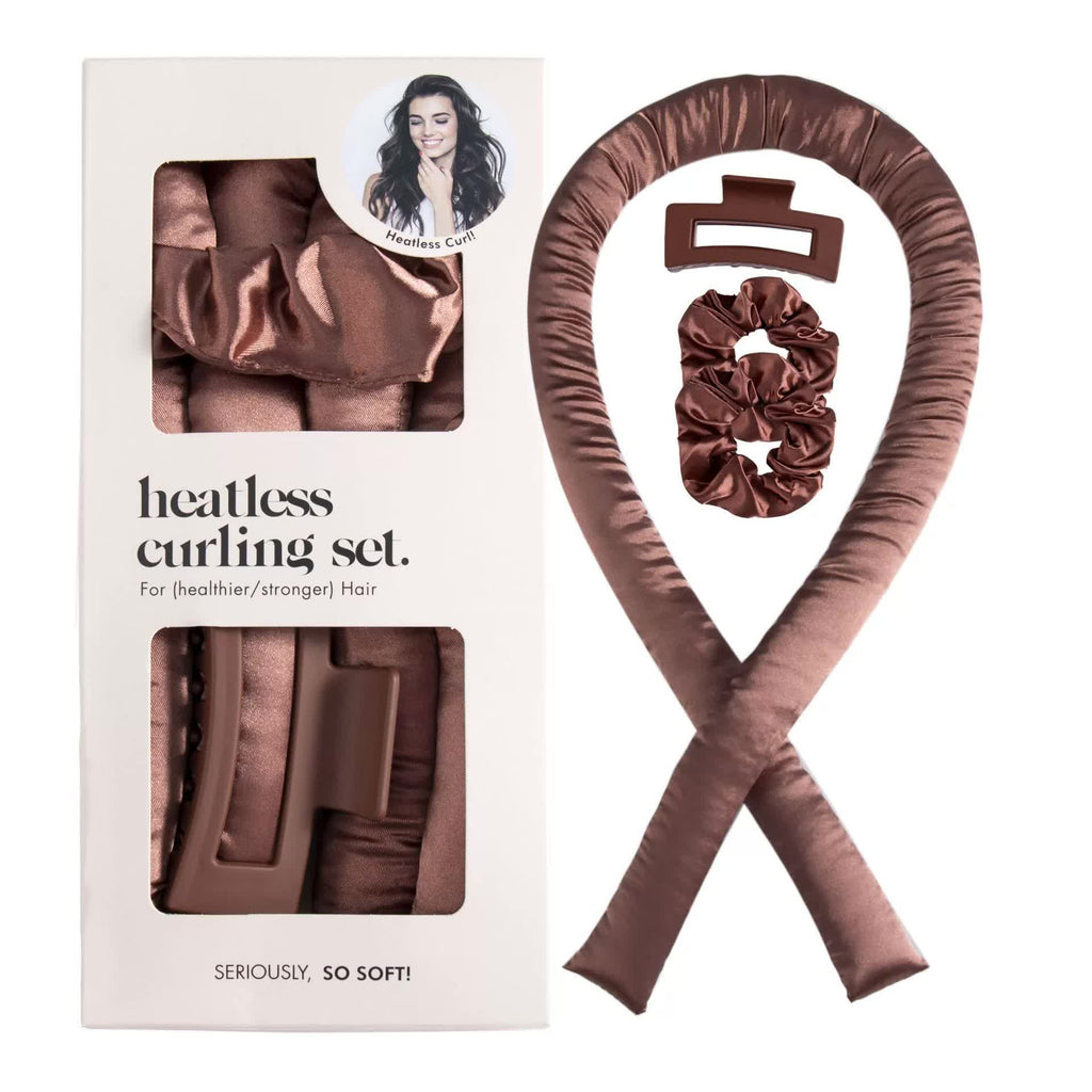 NNEDSZ 5PCS Brown Heatless Hair Curling Set with Scrunchie and Hair Clip - Silk Curling Ribbon-0