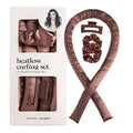NNEDSZ 5PCS Brown Heatless Hair Curling Set with Scrunchie and Hair Clip - Silk Curling Ribbon-0