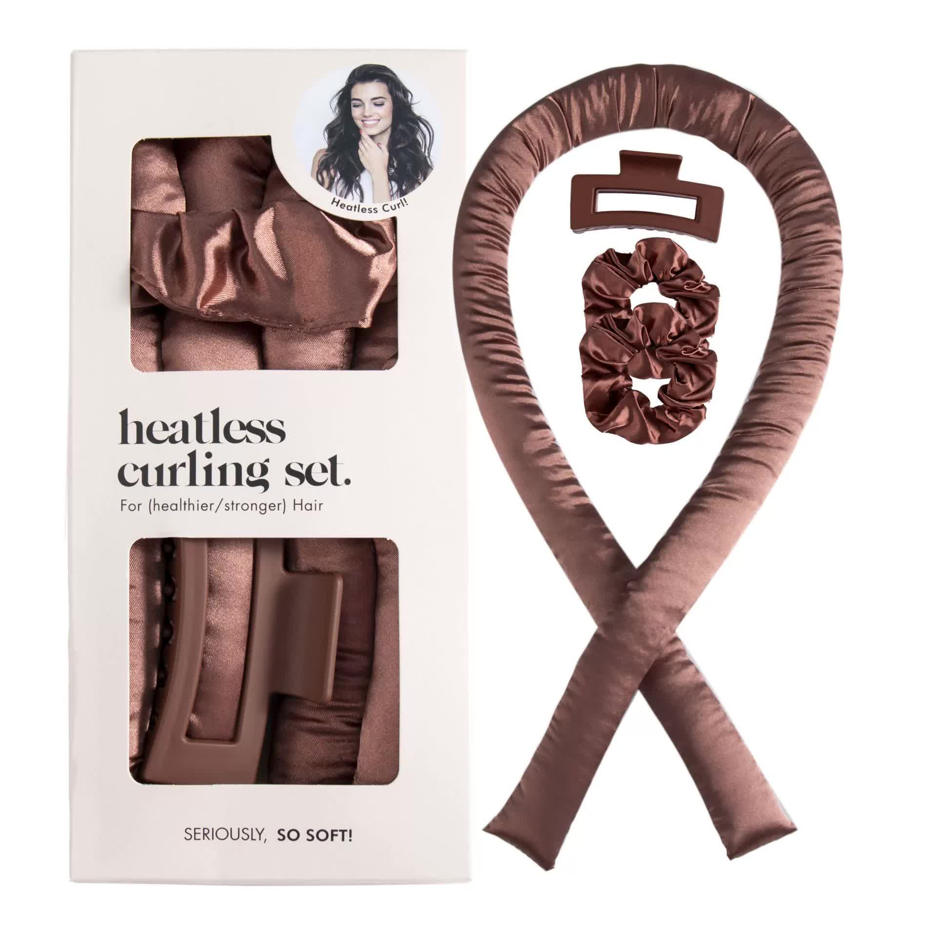 NNEDSZ 5PCS Brown Heatless Hair Curling Set with Scrunchie and Hair Clip - Silk Curling Ribbon-0