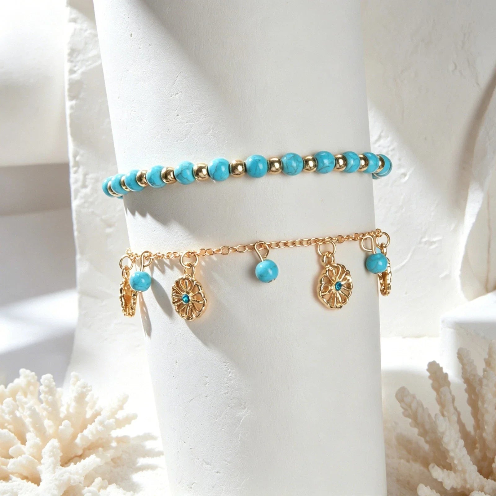 Turquoise bead double-layer boho anklet with gold chains and shell-like dangles